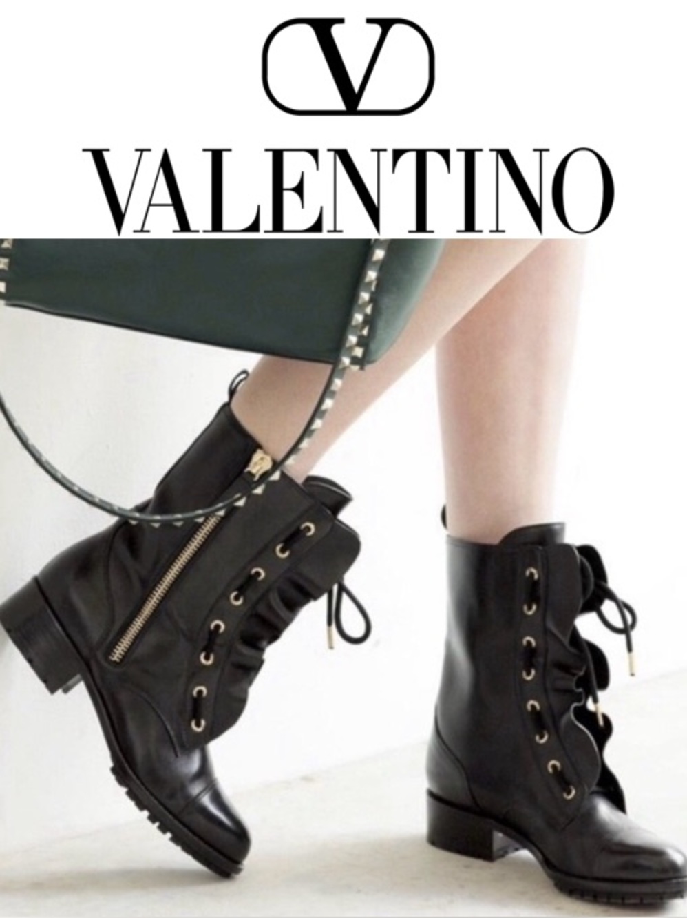 Valentino Black Ruffled Leather LaceUp Biker Combat Boots Gold Hardware US10/I40